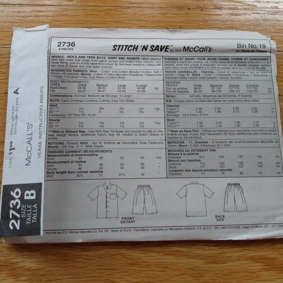 Vintage Shorts & Hawaiian Shirt Sewing Pattern UNCUT Unisex L-XL - Picture 4 of 10